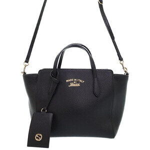 Gucci Swing Top Handle 2way Tote Shoulder Bag pebbled leather Black
